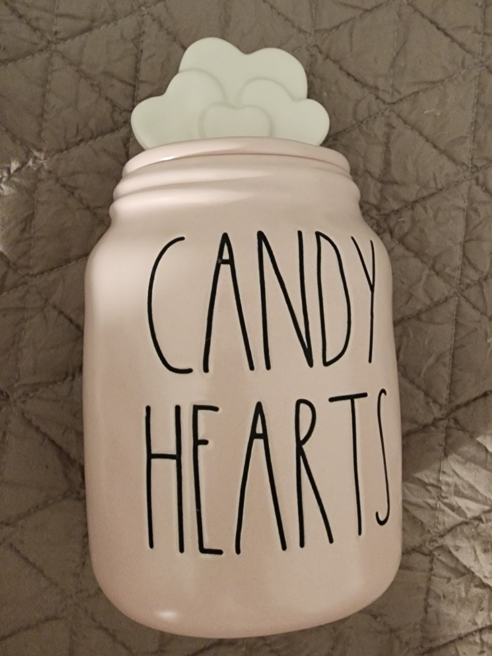 Rae Dunn Pink Candy Hearts Ceramic Jar with White Heart Lid